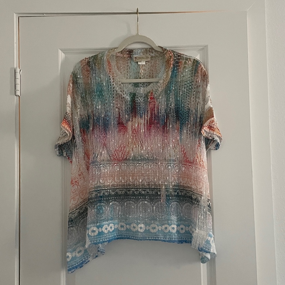 Impulse California Scoop Neck Open Knit Top Rainbow Coastal Beach